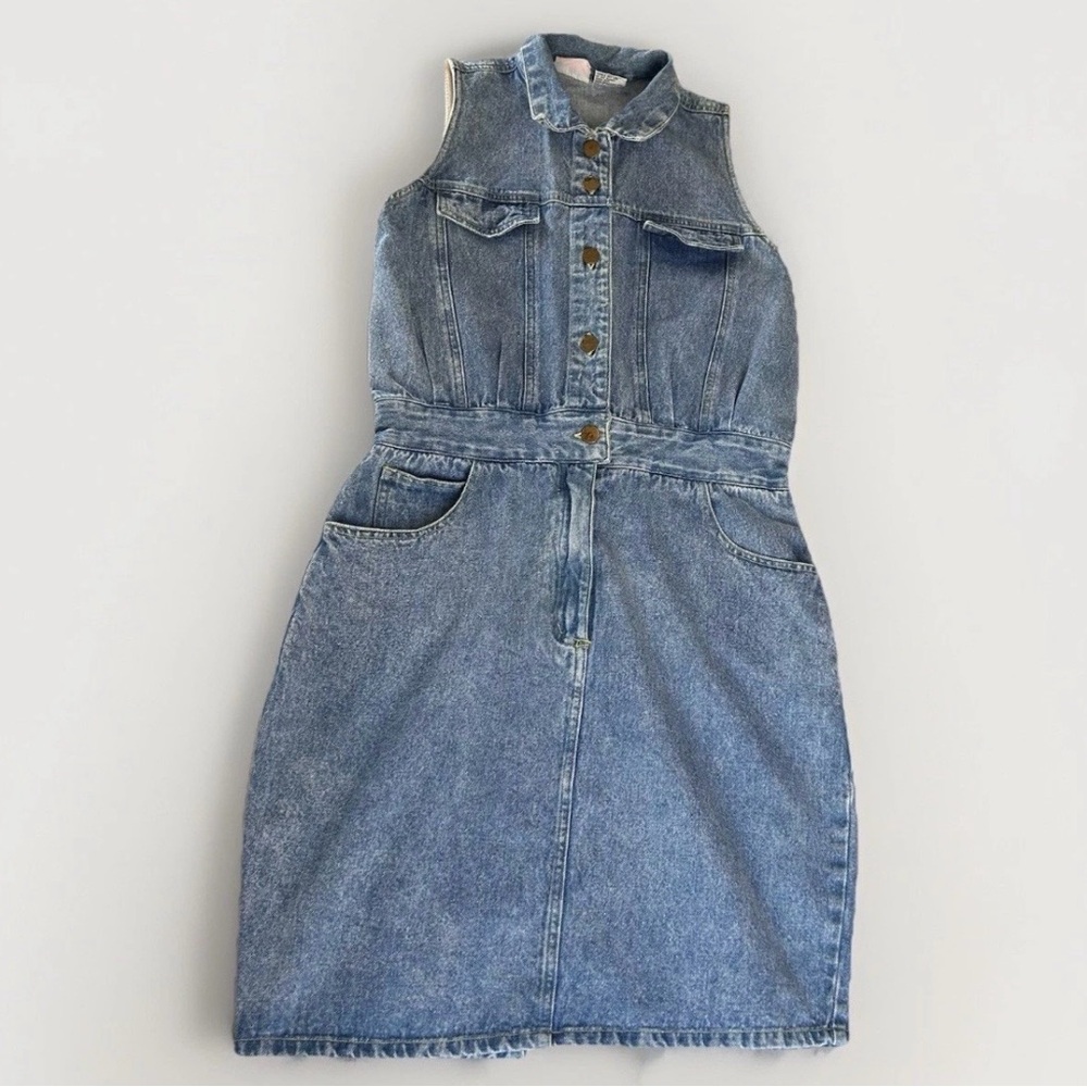 Vintage Avon Fashions Denim Mini Dress Sleeveless Womens M Cottage 80s 90s